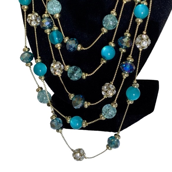 Glass Bead Crystal Necklace Cascade 5 Layer Faceted Sparkly By M. Haskell Blues - Picture 2 of 16
